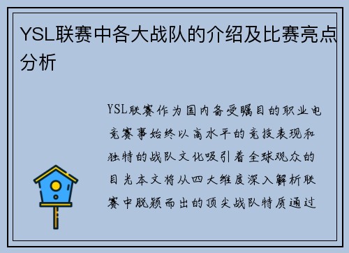 YSL联赛中各大战队的介绍及比赛亮点分析